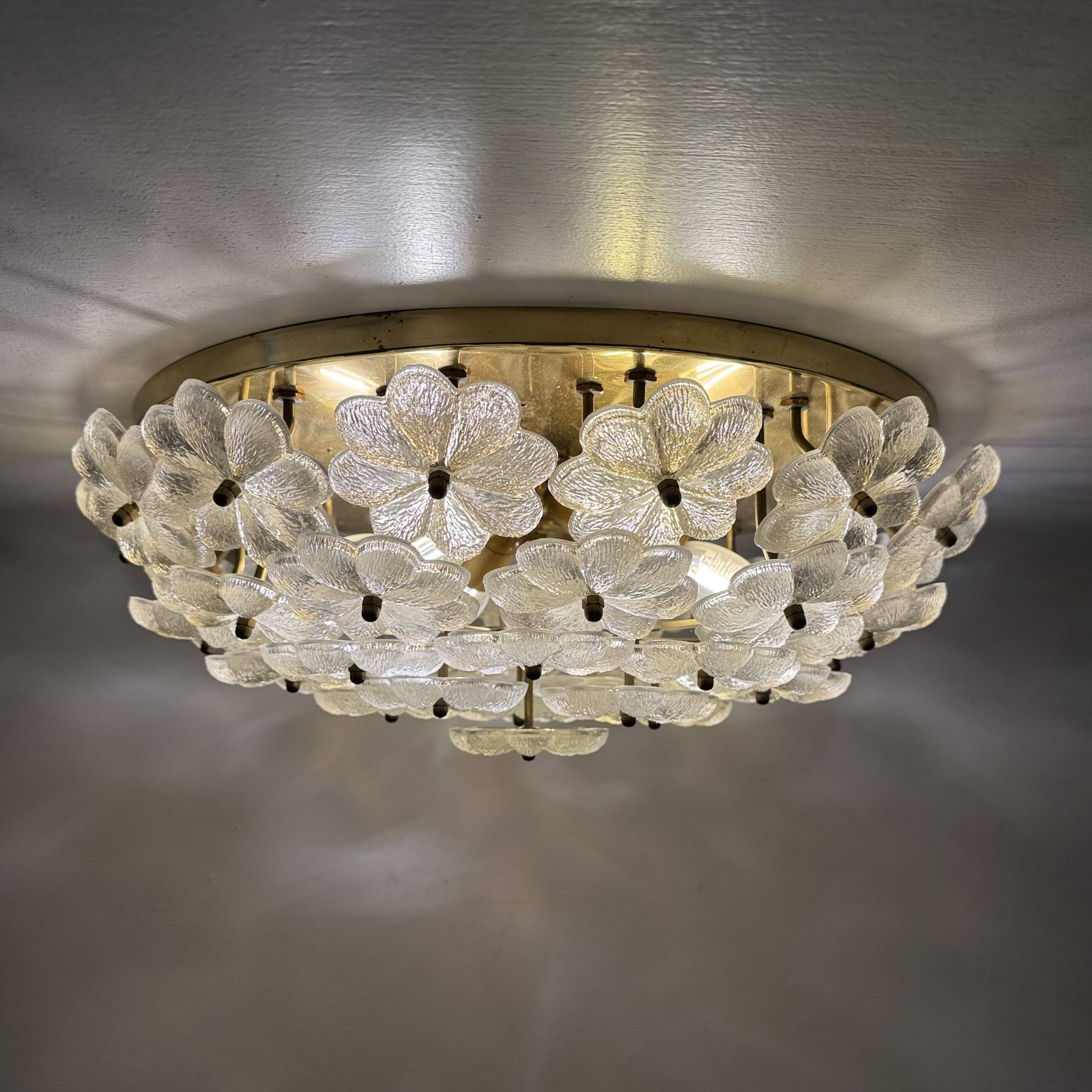 Large Floral Crystal Glass Flush Lamp by Ernst Palme , 1970s