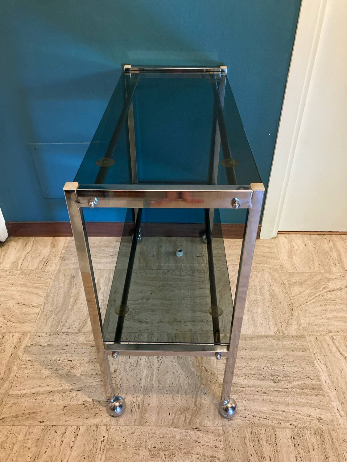 Vintage chrome dessert table, 2 smoked glass trays.