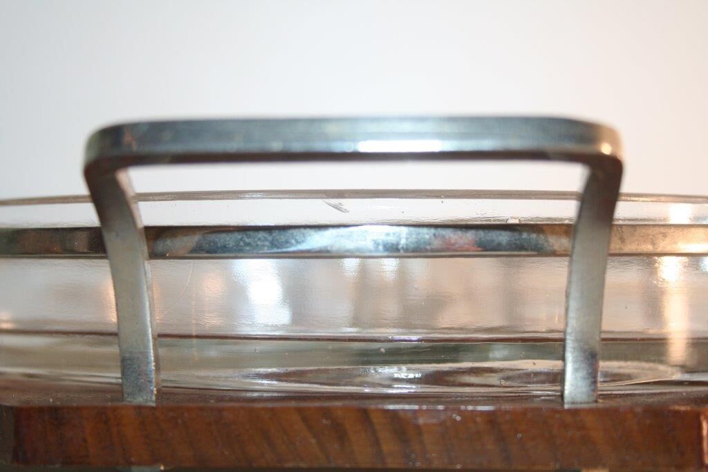 Tray handles chrome 3-compartment glass deco art wood