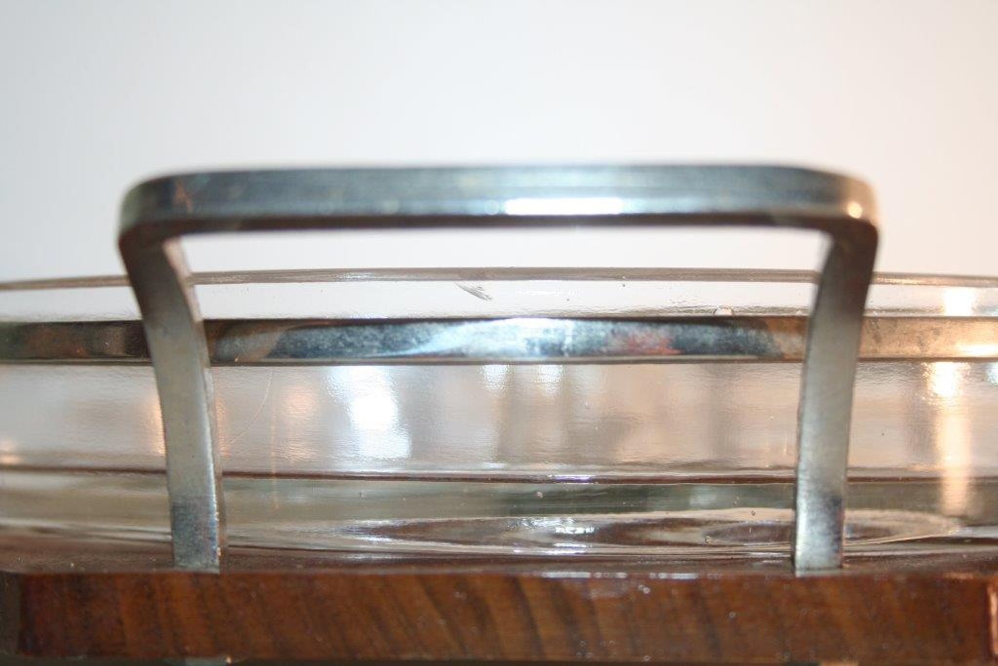 Plateau bois poignées chromées à 3 compartiments verre art déco