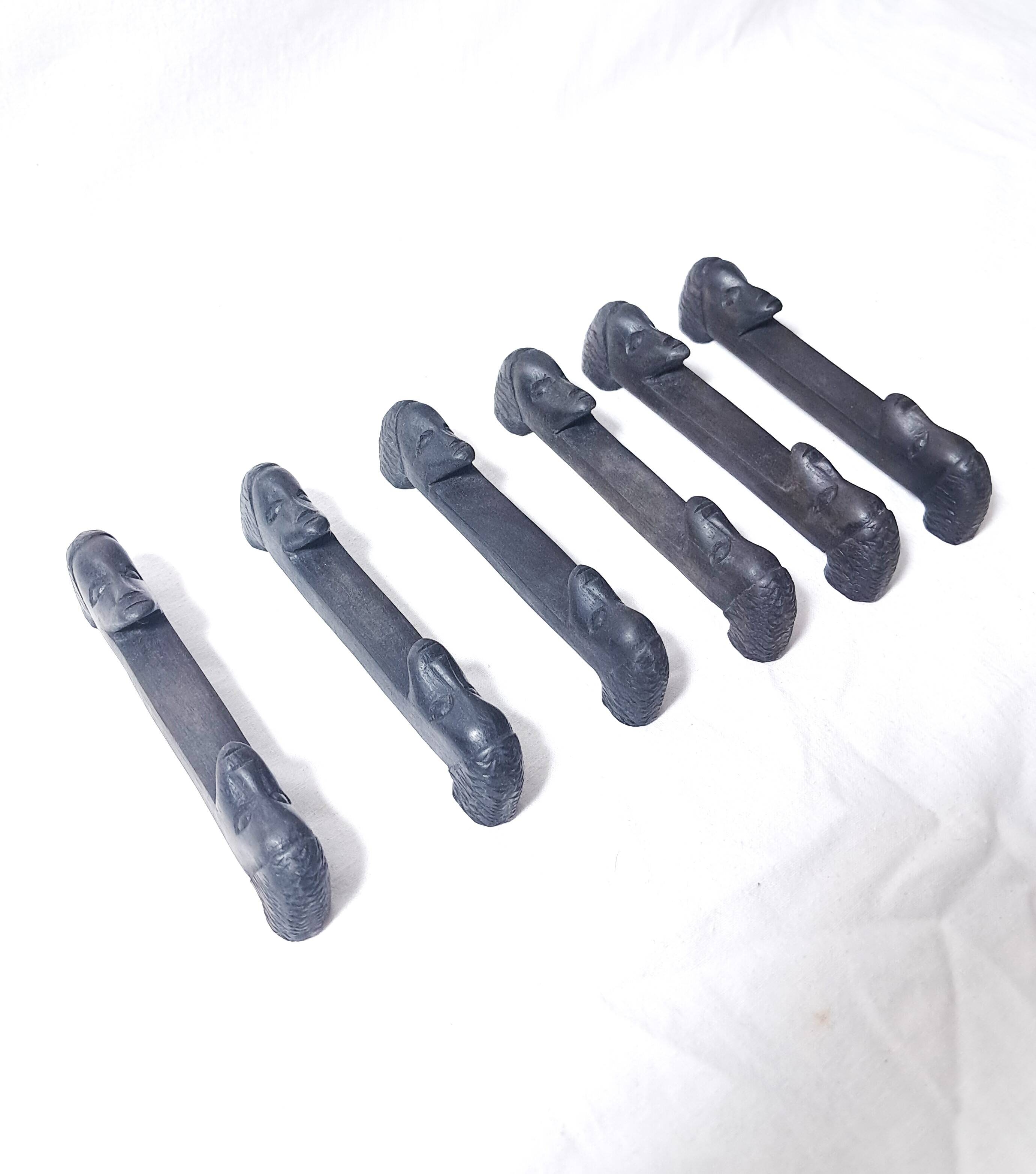 Set of six african cutlery holders carved in blackened wood