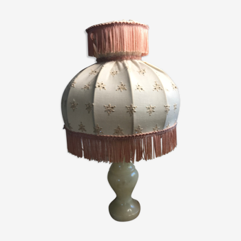 Alabaster foot bedside lamp and fringed fabric hat