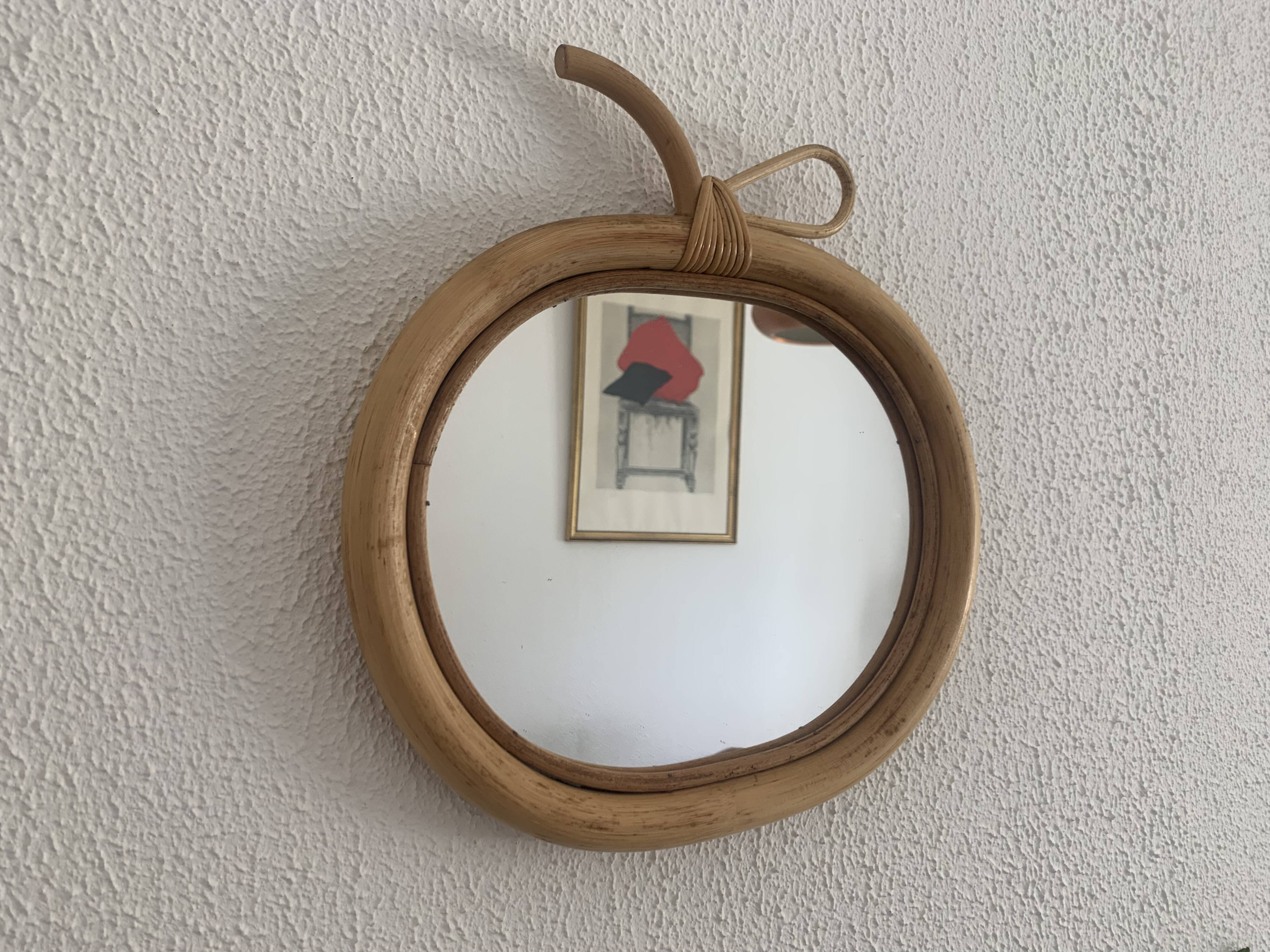 Vintage mirror 1960 apple rattan wicker bamboo - 33 x 35 cm