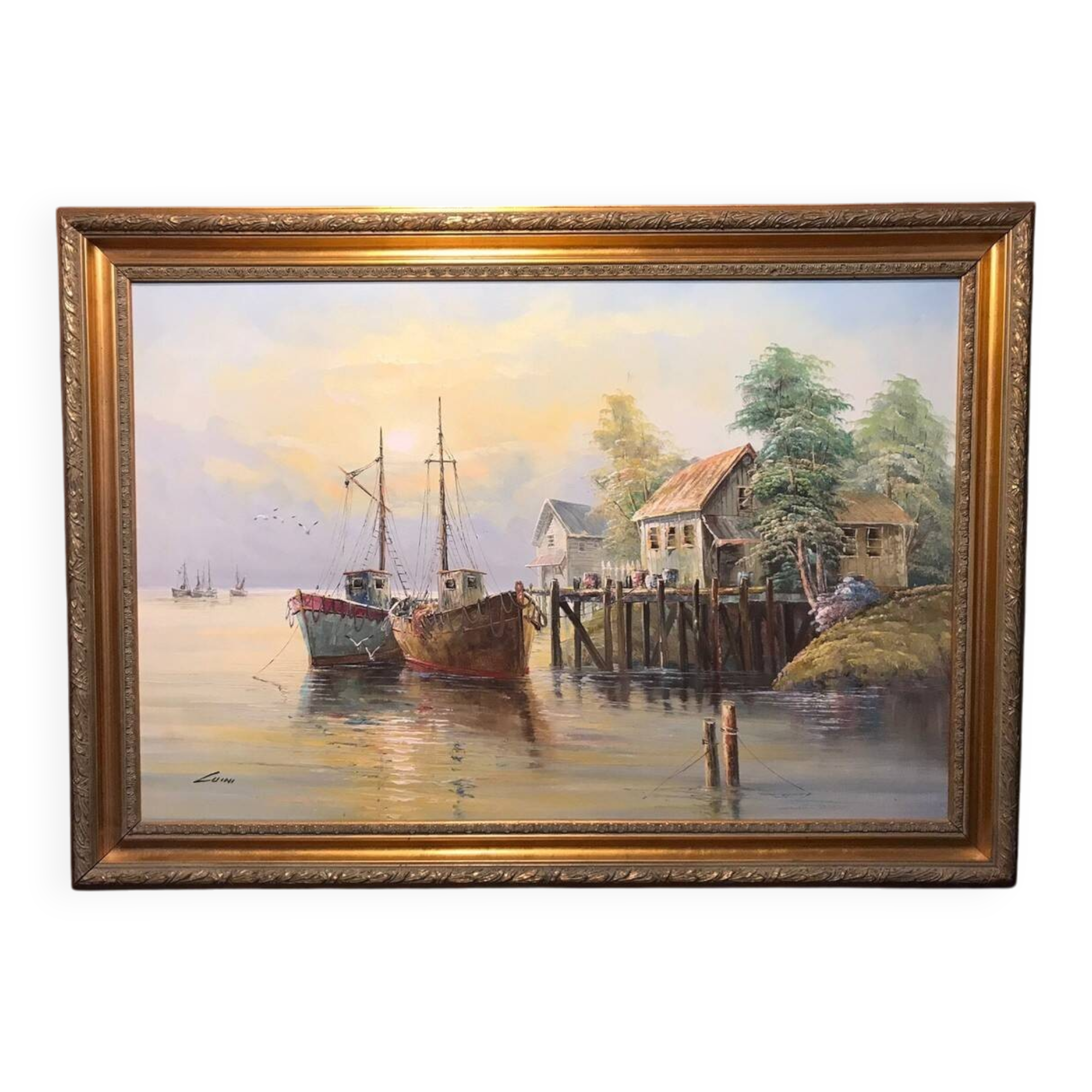 Oil on canvas john luini marine view boats + golden frame