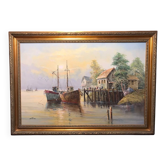 Oil on canvas john luini marine view boats + golden frame