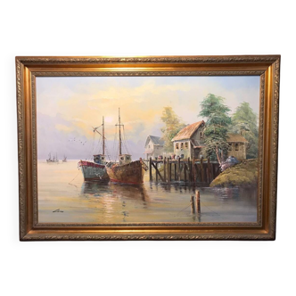 Oil on canvas john luini marine view boats + golden frame