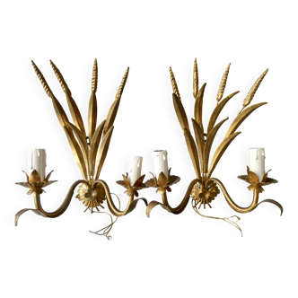 Paire d'appliques épi de blé en métal doré, années 70