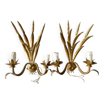 Pair of wheat spike wall lights in gilded metal, 1970s