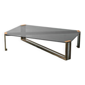 Table basse en verre fumé vintage et laiton, modernisme des années 1970