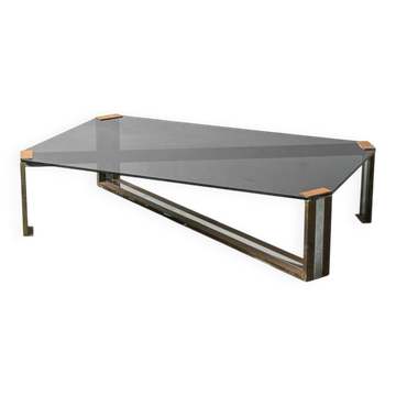Vintage smoked glass and brass coffee table, 1970s modernism