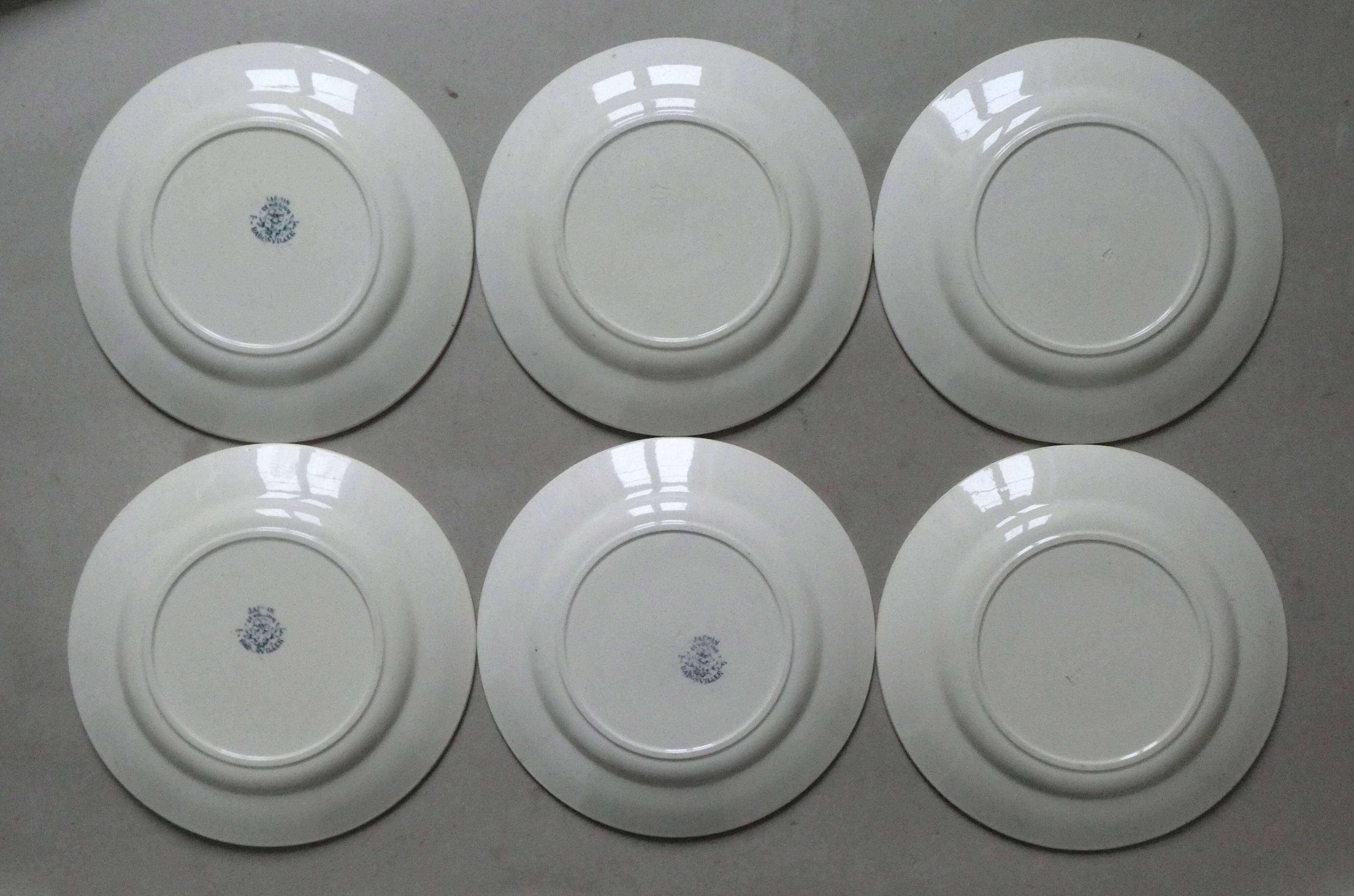 6 assiettes plates Badonviller, papillons et fleurs, 1900