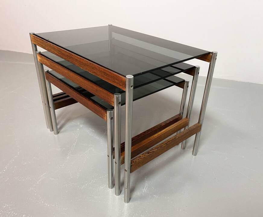 3 Fristho Dutch Design Nesting Tables with Smokey Glass Top Wenge Frame 60s