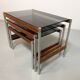 3 tables gigognes Fristho de design hollandais avec plateau en verre fumé et cadre en wengé, années 60