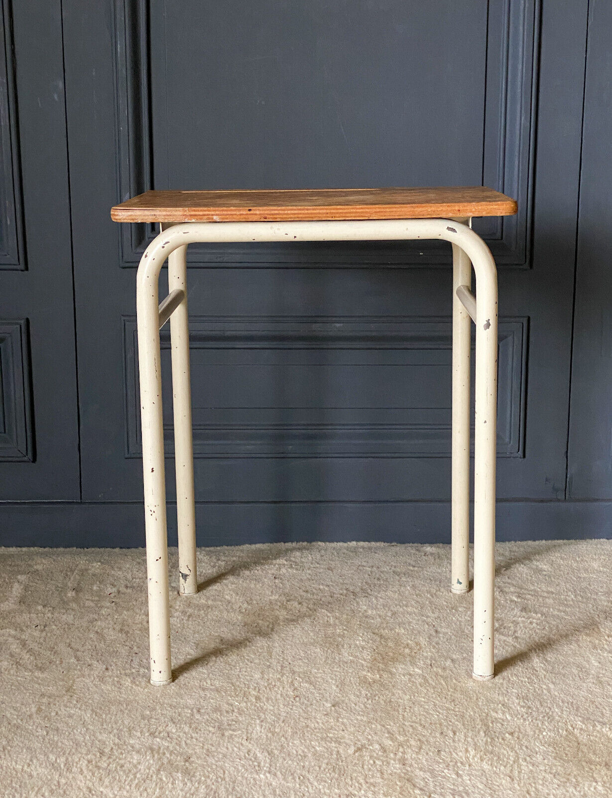 School desk 1960 white lacquered metal wooden top