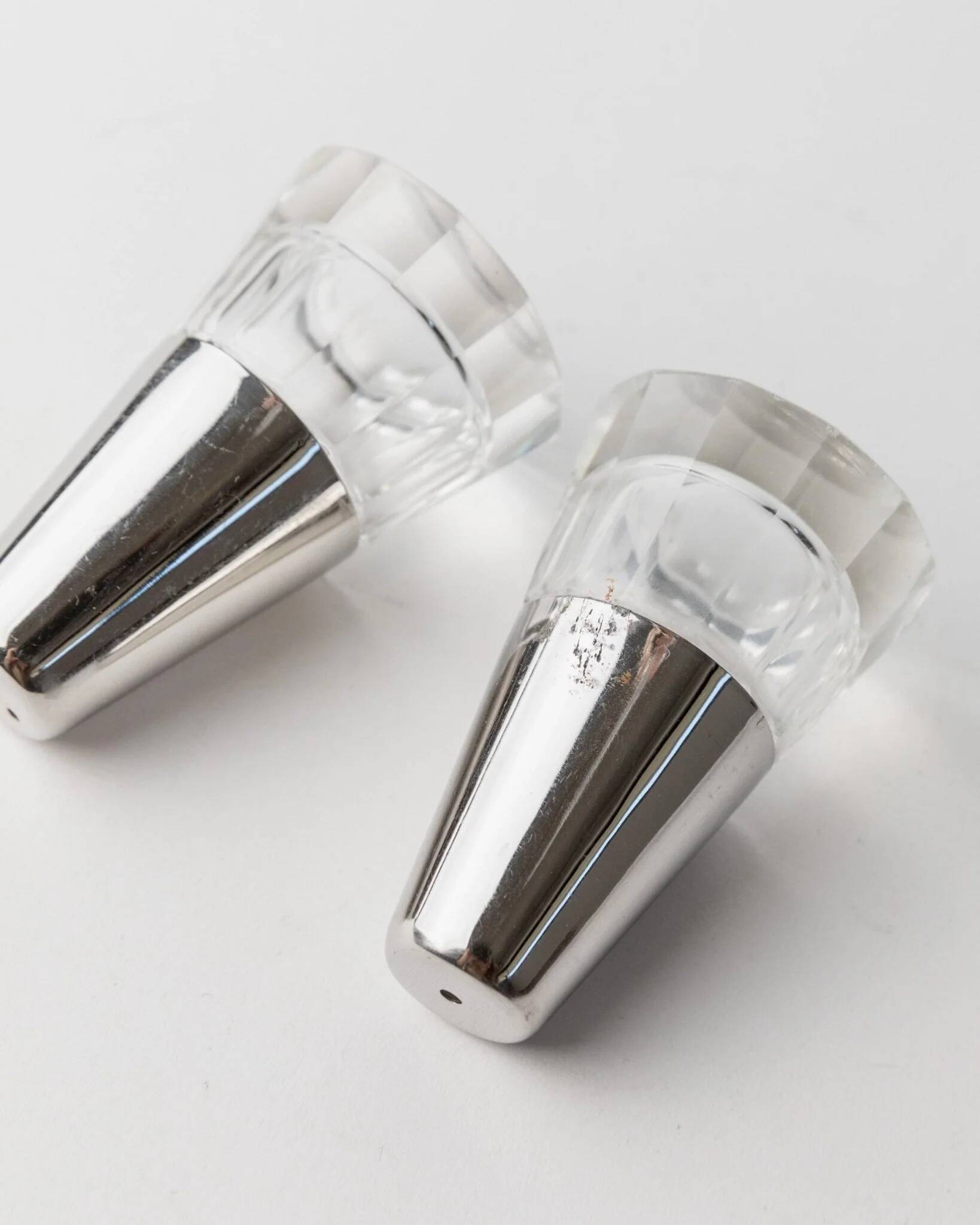Vintage Argent Salt and Pepper Shakers with Clear Glass and Silver-Plated Caps, Conical Minimal Italian Design, 1950s