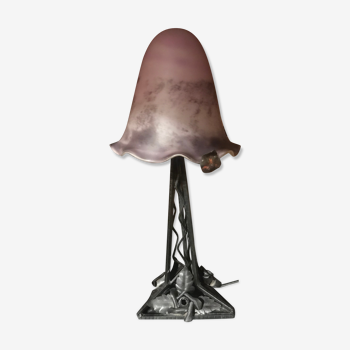 Lamp Art Deco purple glass paste foot wrought iron