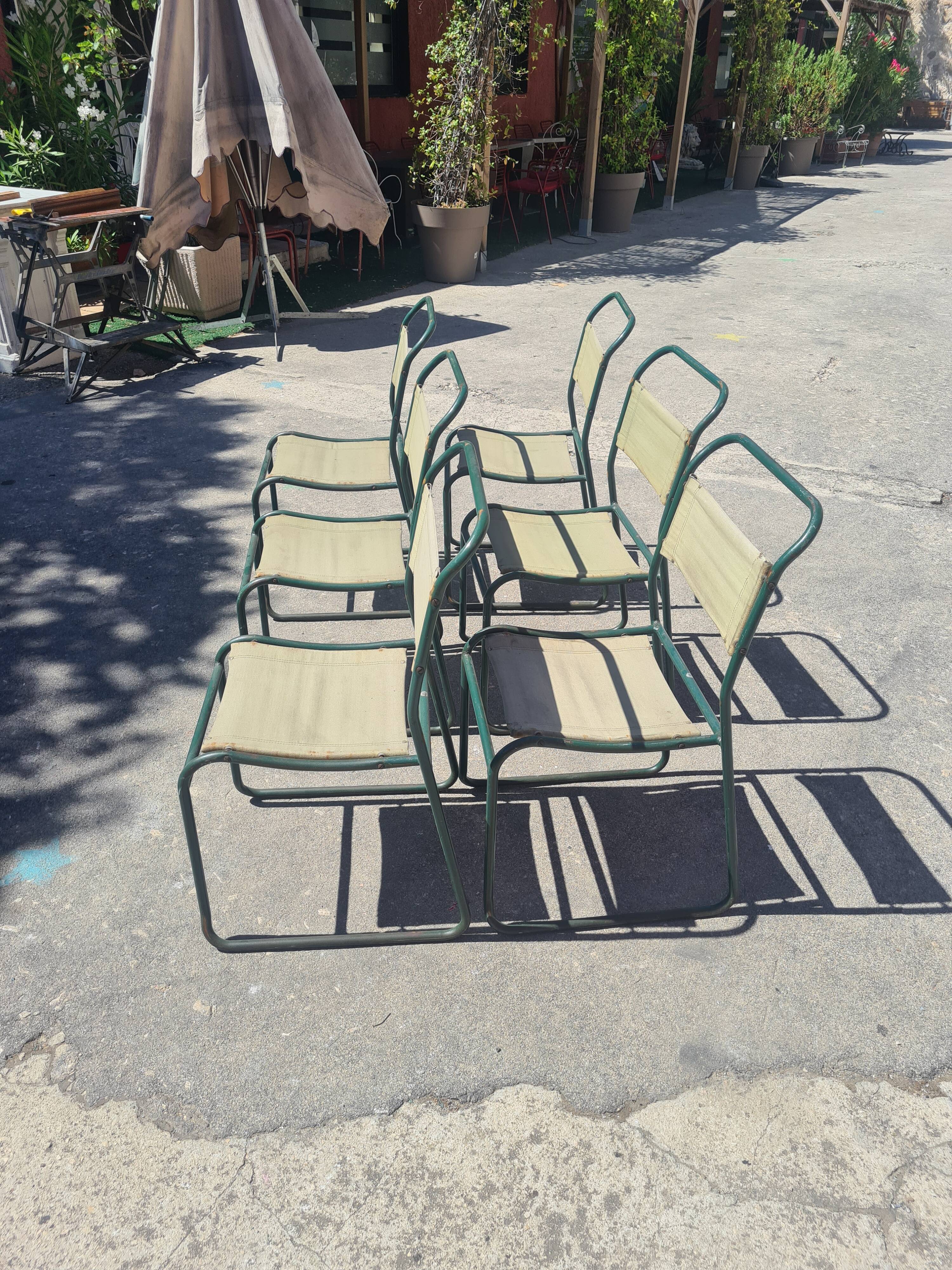 Series of 6 stackable military chairs modernist canvas and metal