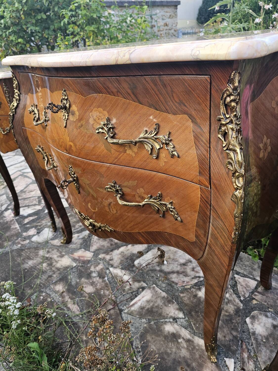 Louis XV style marquetry chest of drawers with two bedside tables
