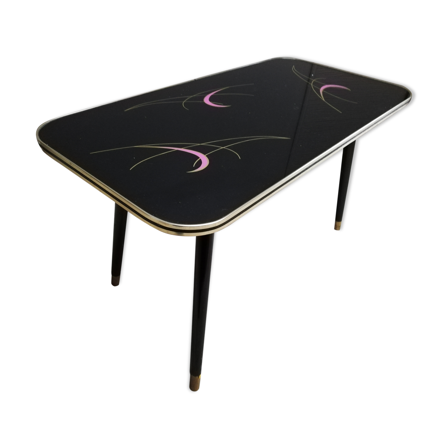 Table basse pieds compas plateau verre vintage 50/60