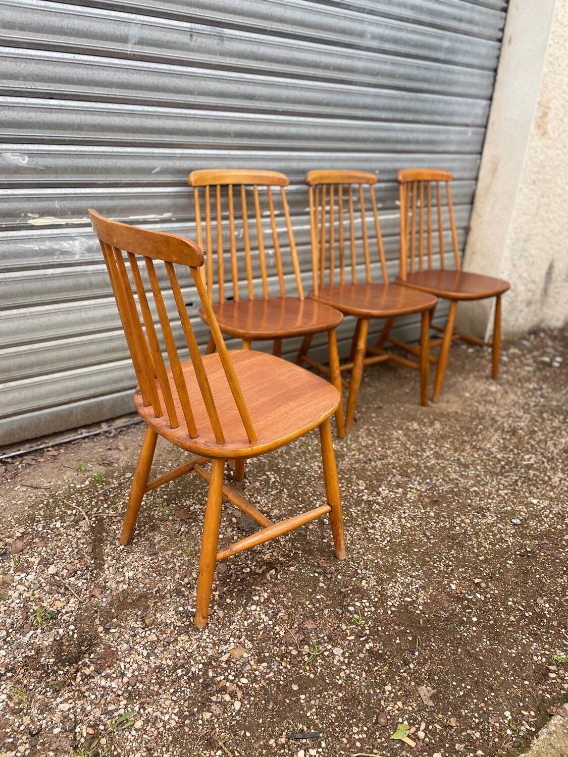 Set of 4 vintage beech chairs with teak seat