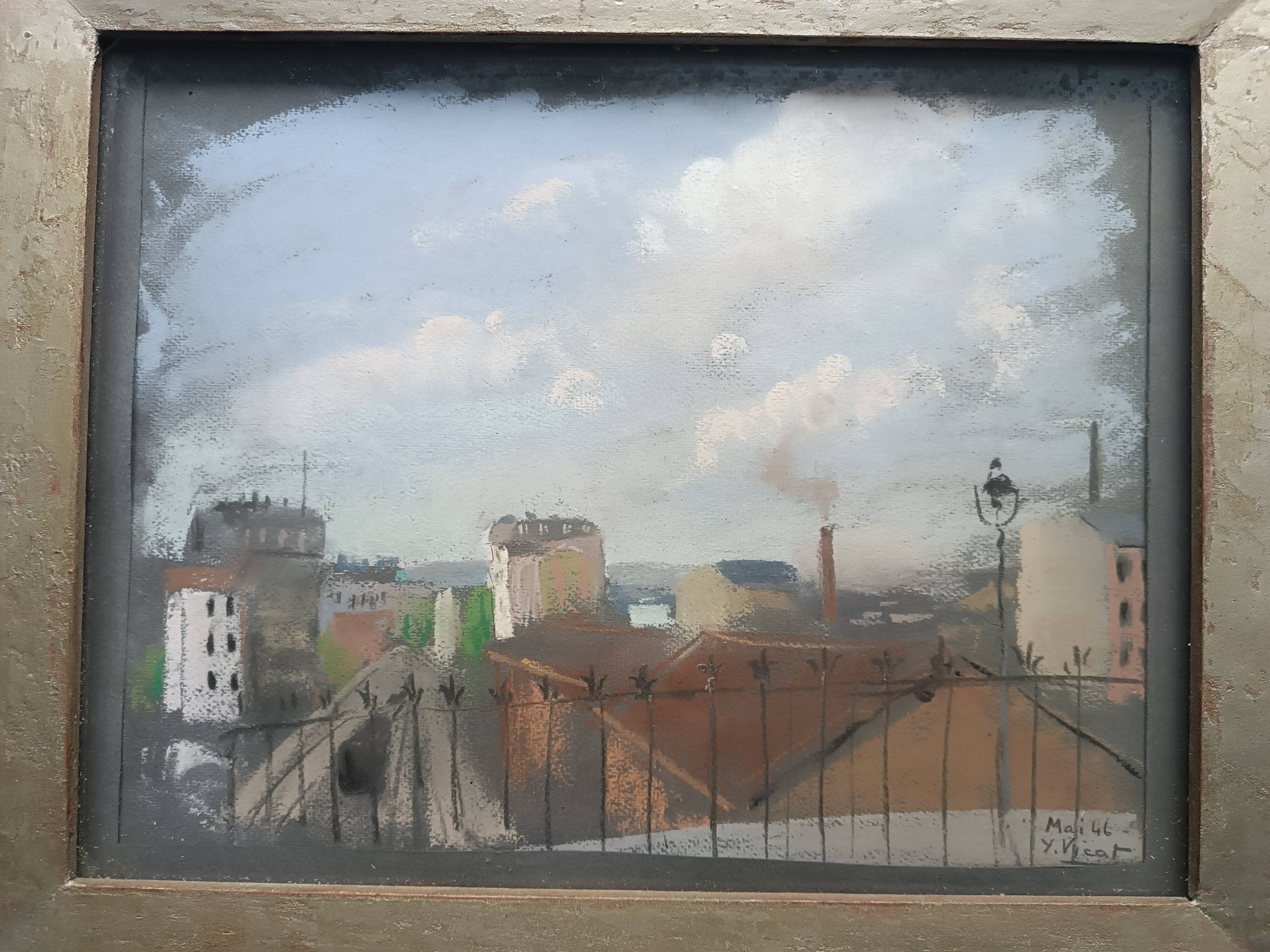 Yvonne Vicat (1902-1994) Pastel Tableau Paysage urbain mai 1946
