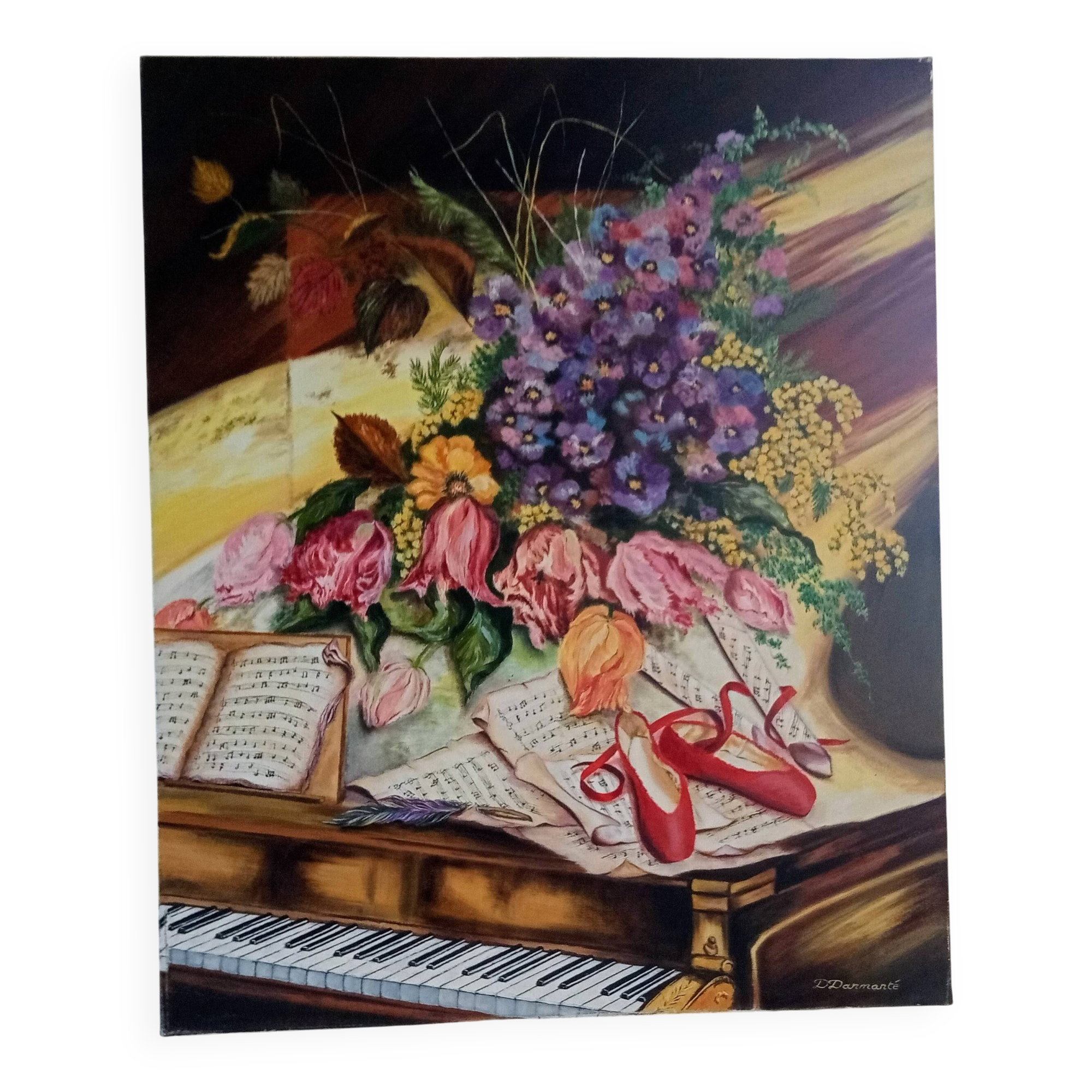 Vintage oil painting on canvas signed Darmanté – Still life with piano and flowers.