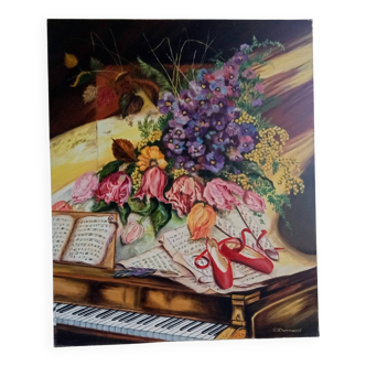 Vintage oil painting on canvas signed Darmanté – Still life with piano and flowers.