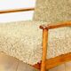 Wooden vintage brown armchair, olive green, long pile on removable cushions