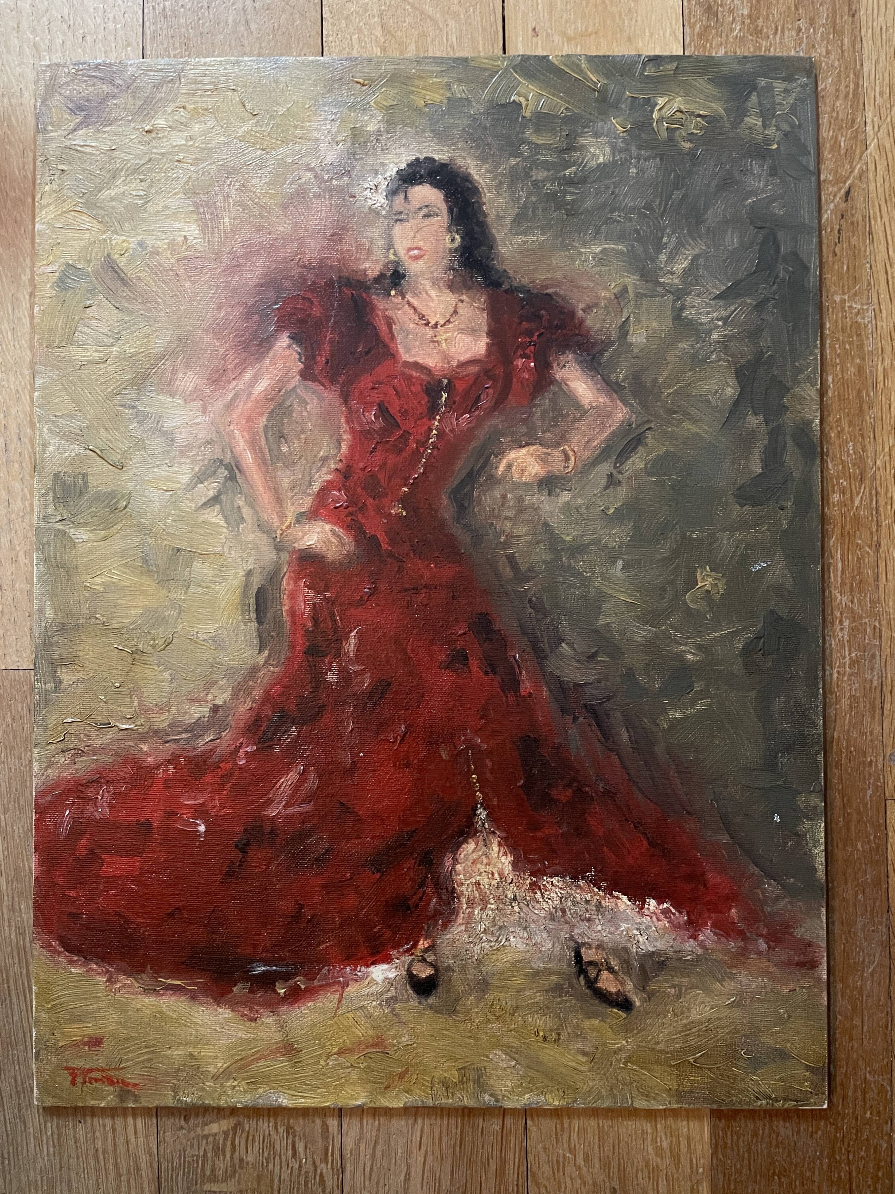 Signed oil painting on cardboard canvas "Flamenco dancer"