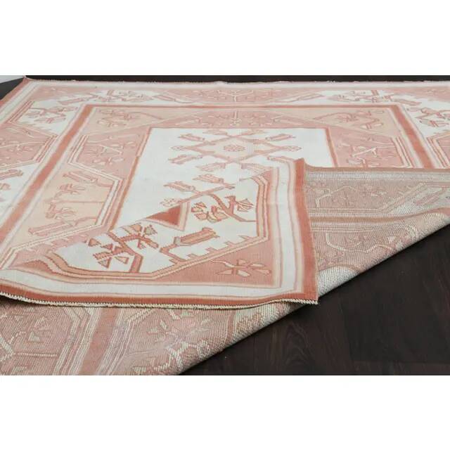 1970s Vintage Turkish Oushak Handmade Wool Cotton Pink Area Rug  168x220