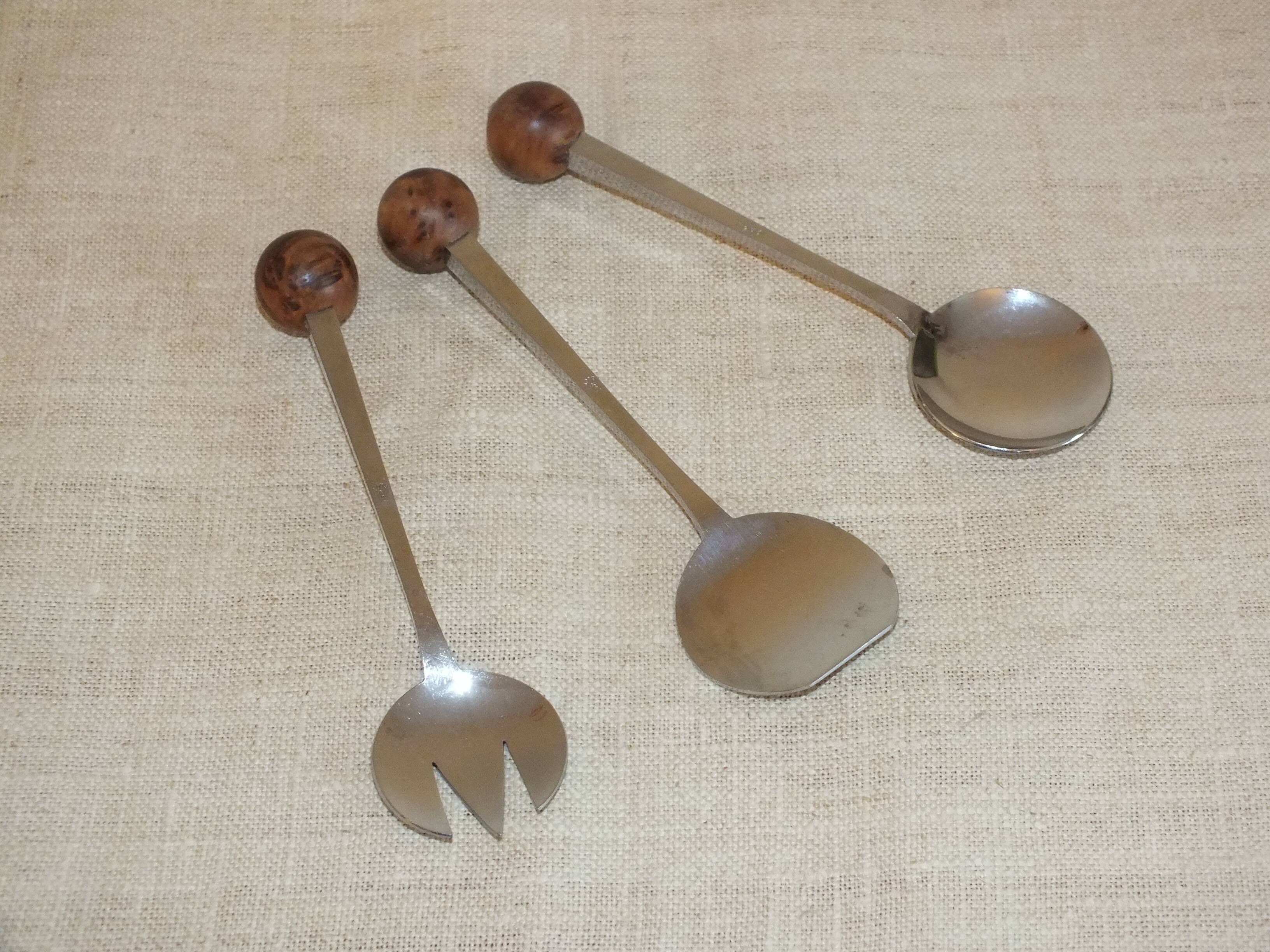 3 condiment cutlery 1970 Eloi Pernet stainless steel and wood