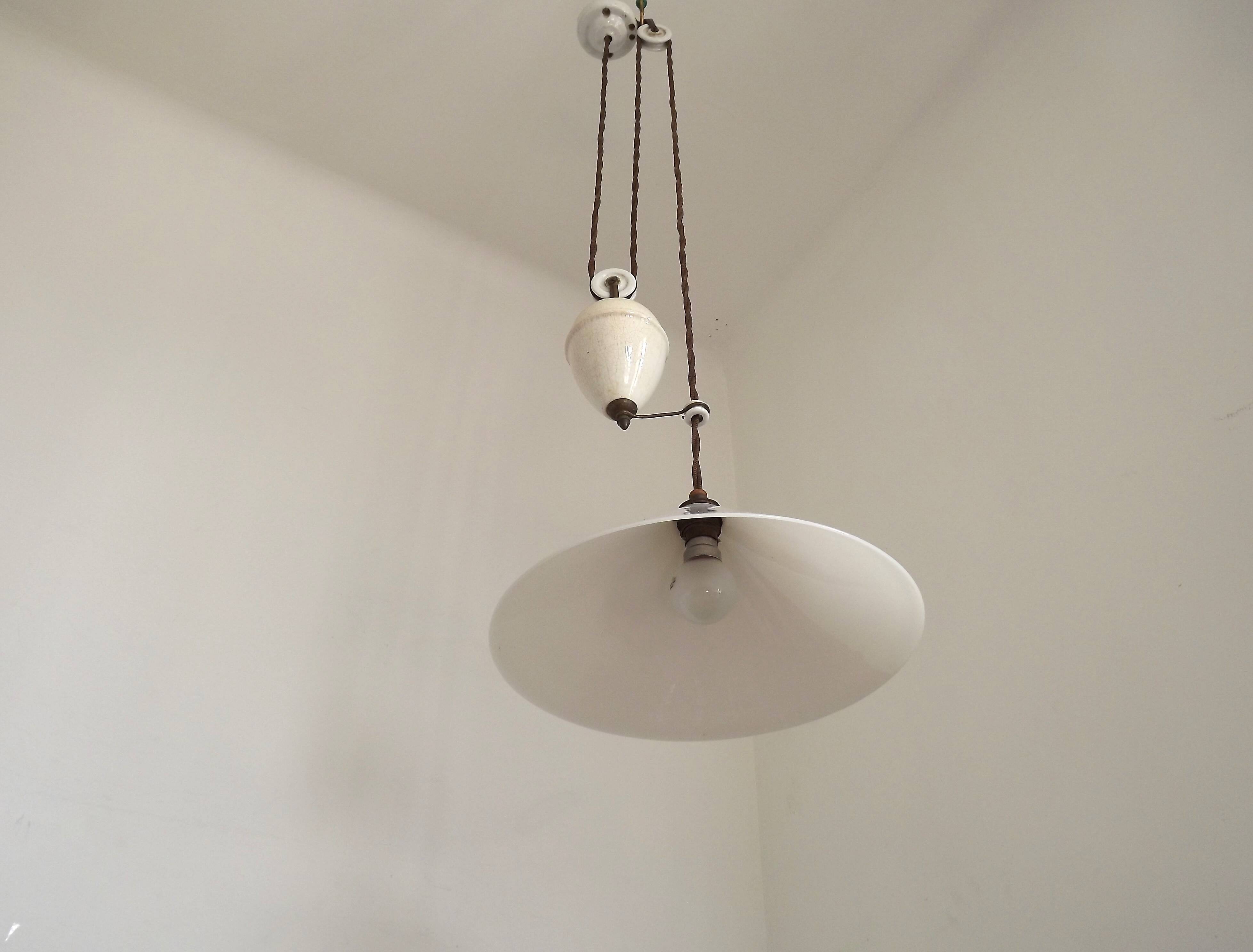 Vintage French Rise & Fall Counterbalance Ceiling Light Opaline Glass Shade