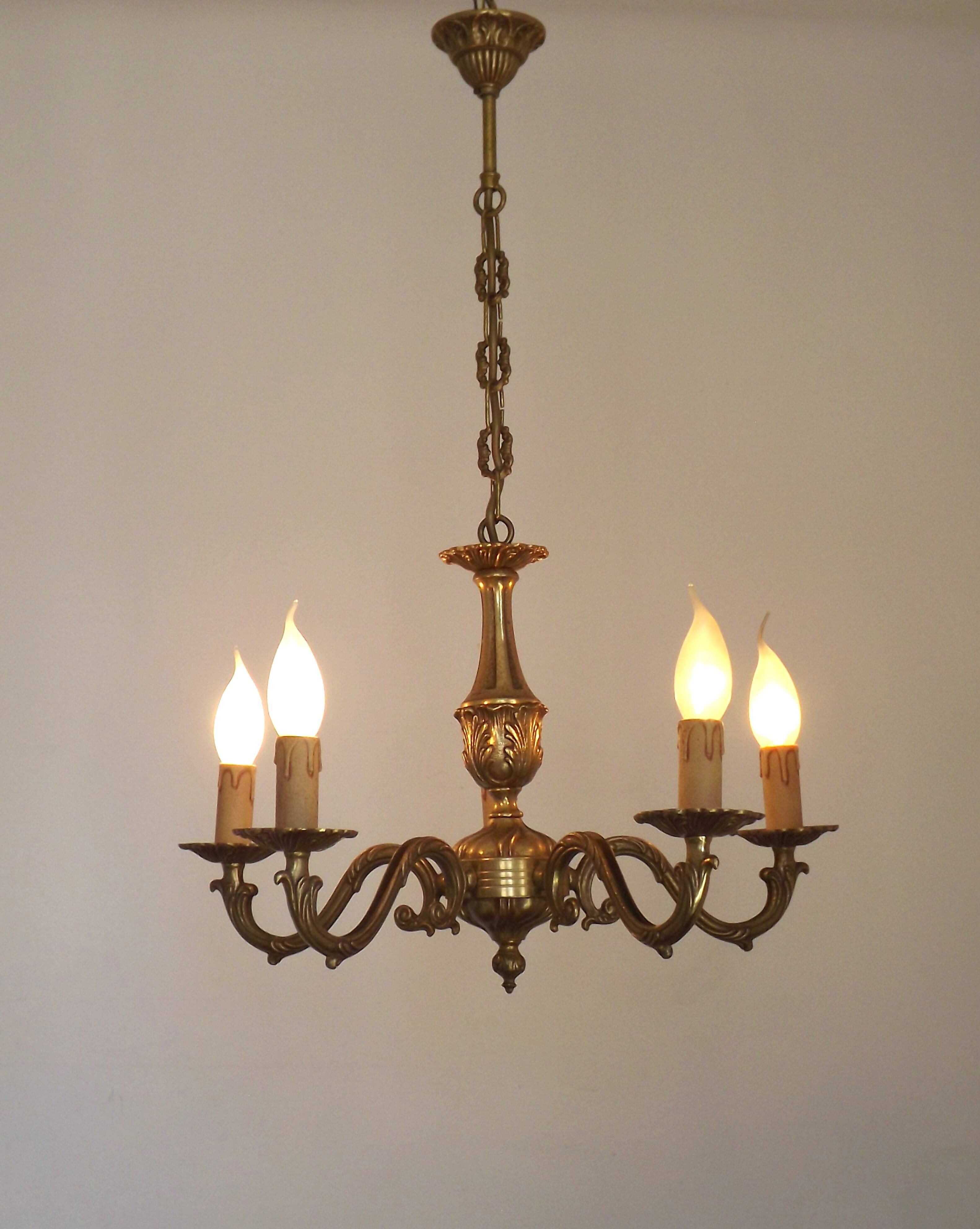 French Vintage Mid Century Bronze 5 Light Traditional Style Chandelier