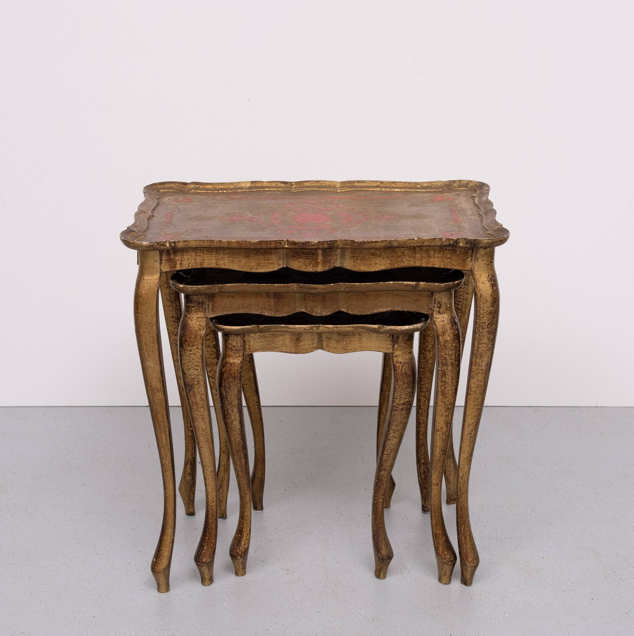 Triptych Florentine Gold and Red Wood Italian nesting Tables, 1960