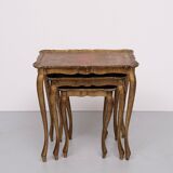 Triptych Florentine Gold and Red Wood Italian nesting Tables, 1960