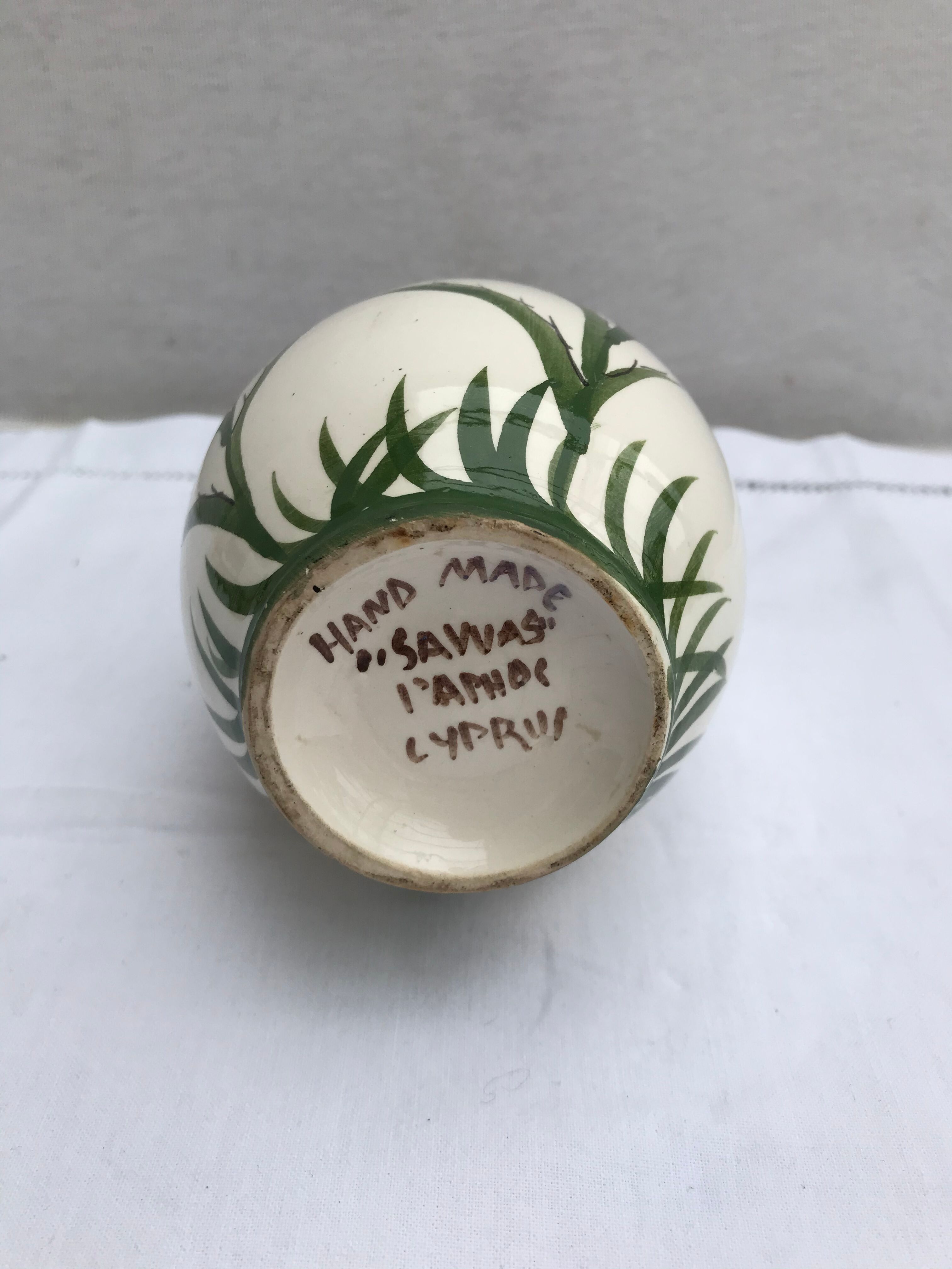 Ancient Vase CYPRUS Ceramics White Drawing Vintage Flowers