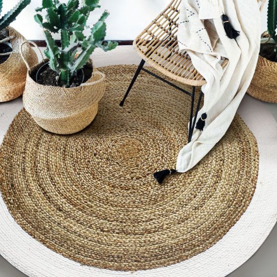 Round carpet in beige white jute 160 cm