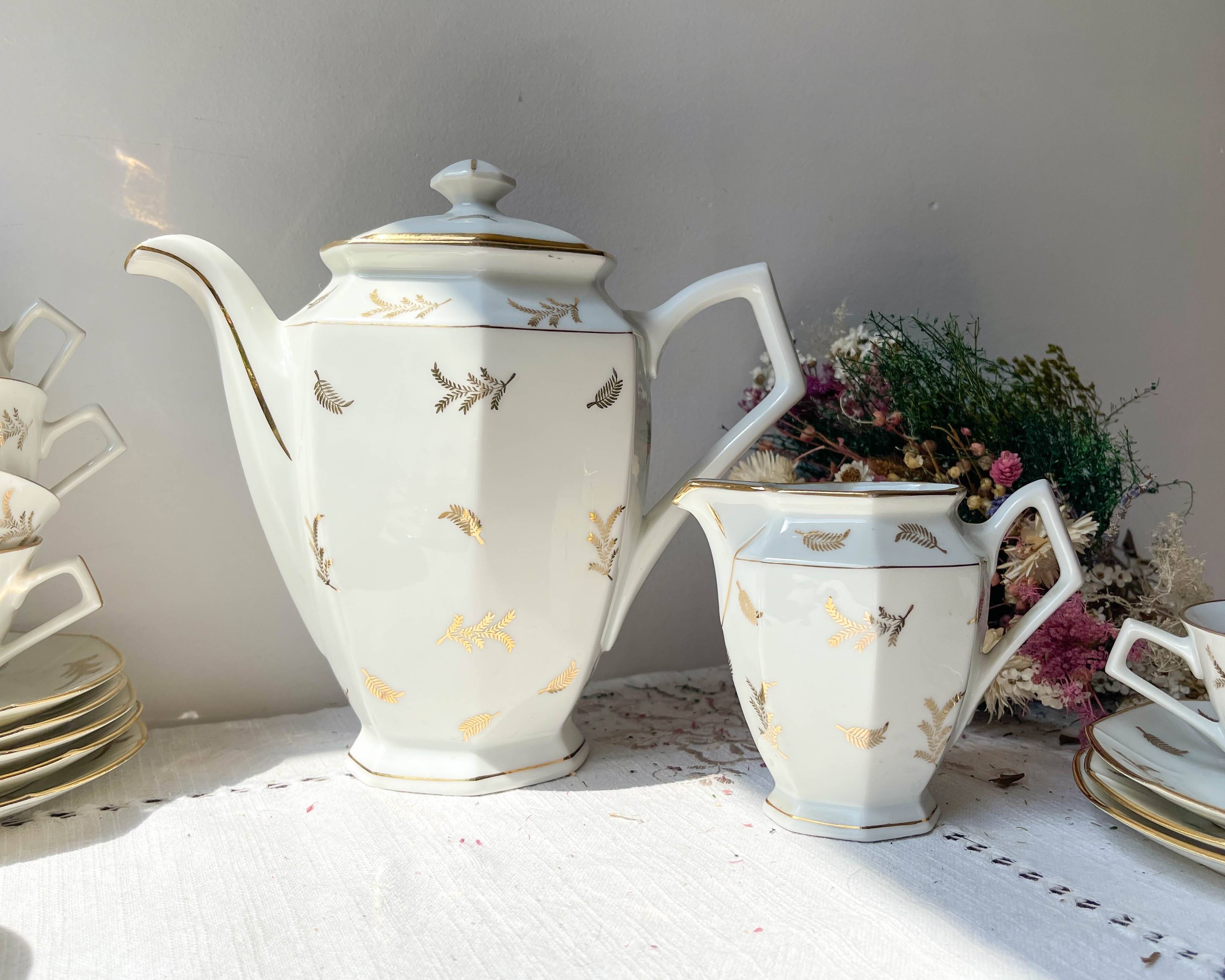 Vintage tea/coffee set in white porcelain with Limoges gold trim