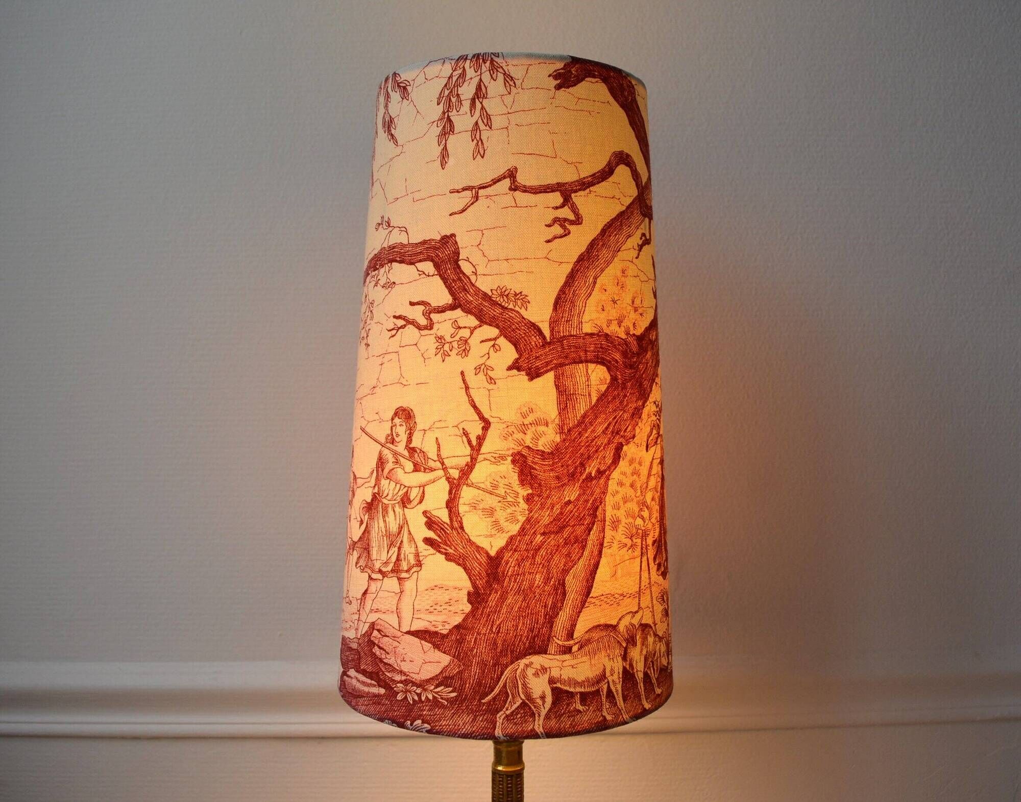 Red toile de Jouy lampshade, Diana the Huntress Greek goddess
