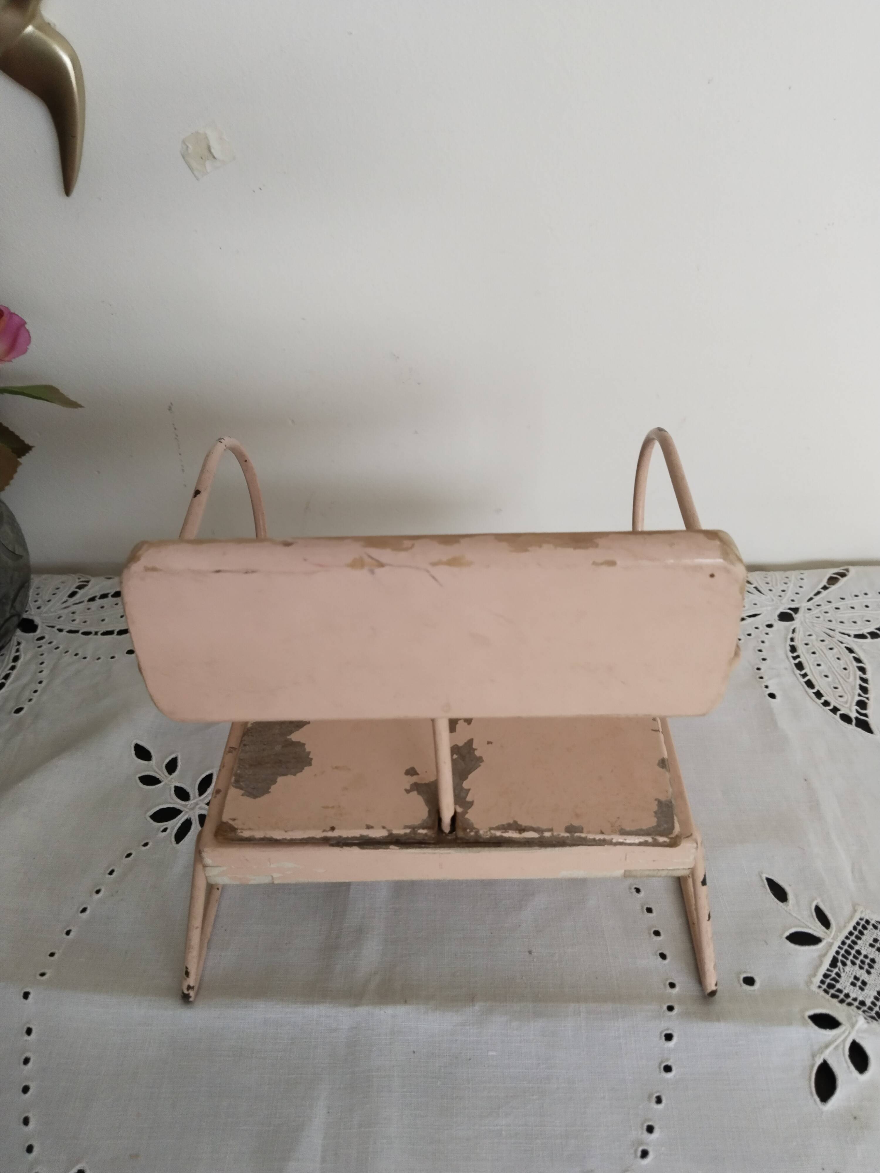 Vintage doll potty chair, wood and metal, pink, Bébéconfort