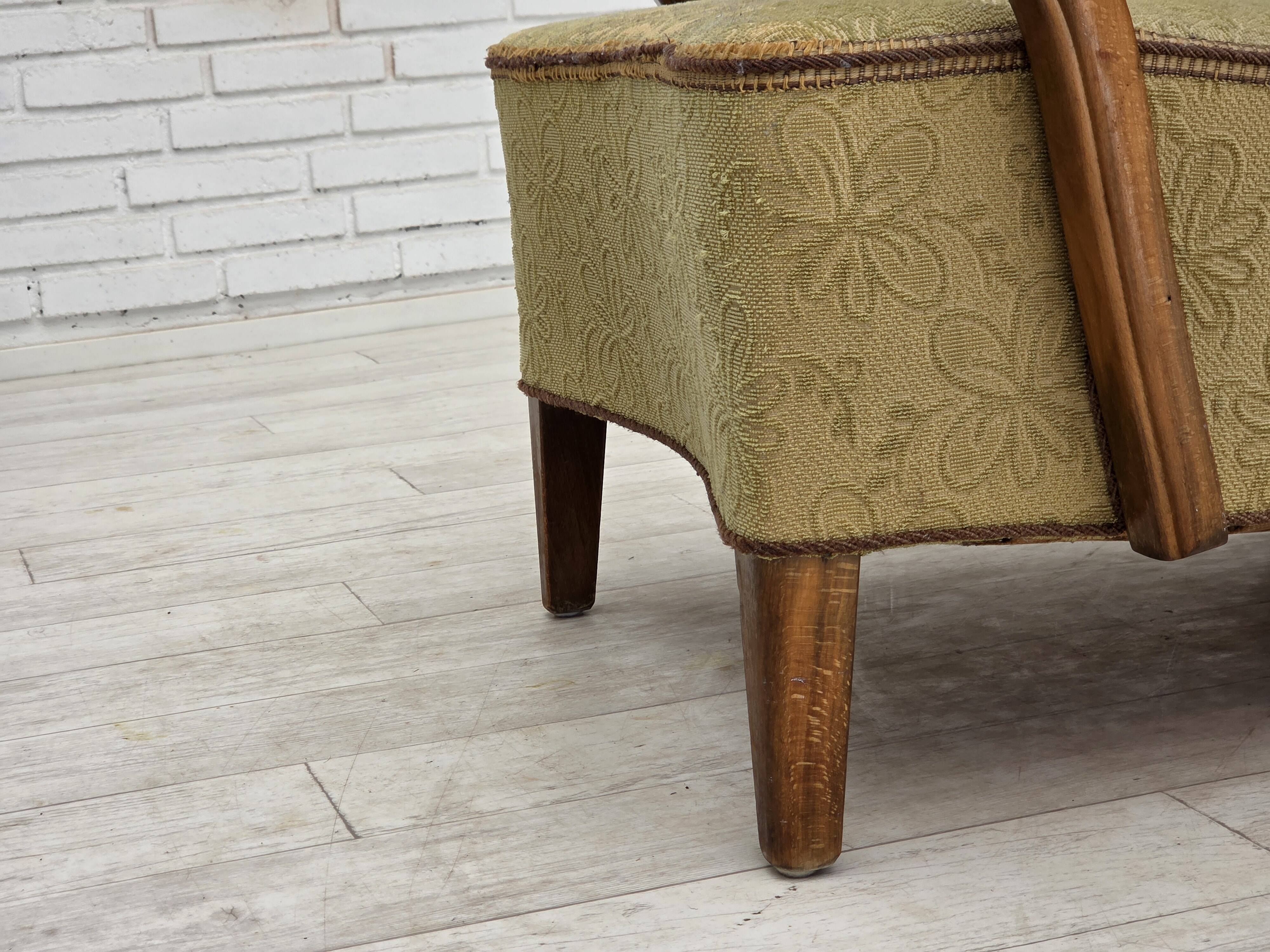 1960s, Danish armchair, light green furniture velour, beech wood.