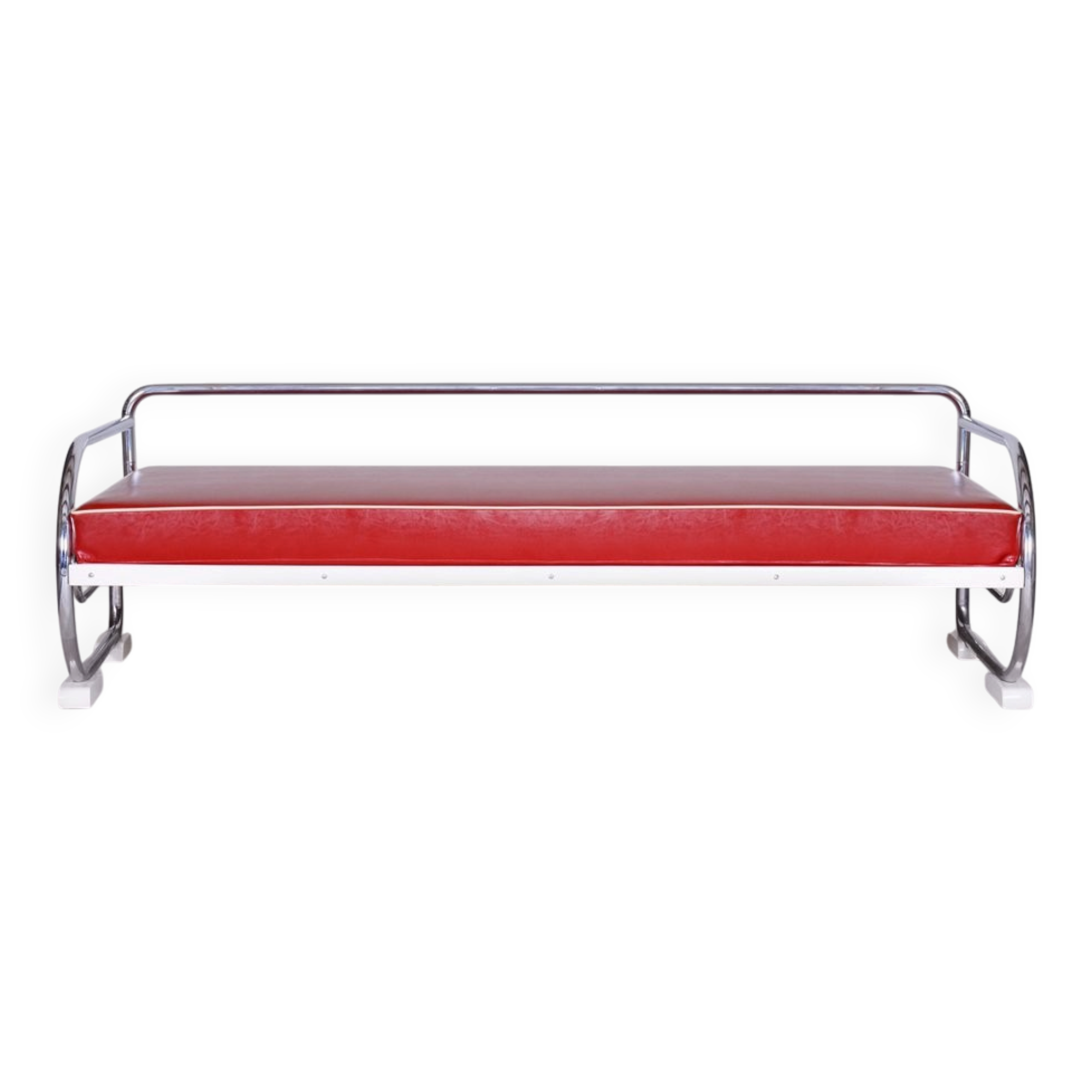 Bauhaus Sofa in Chrome-Plated Steel and Red Leather attributed to Robert Slezák, Former Czechoslovakia, 1950s