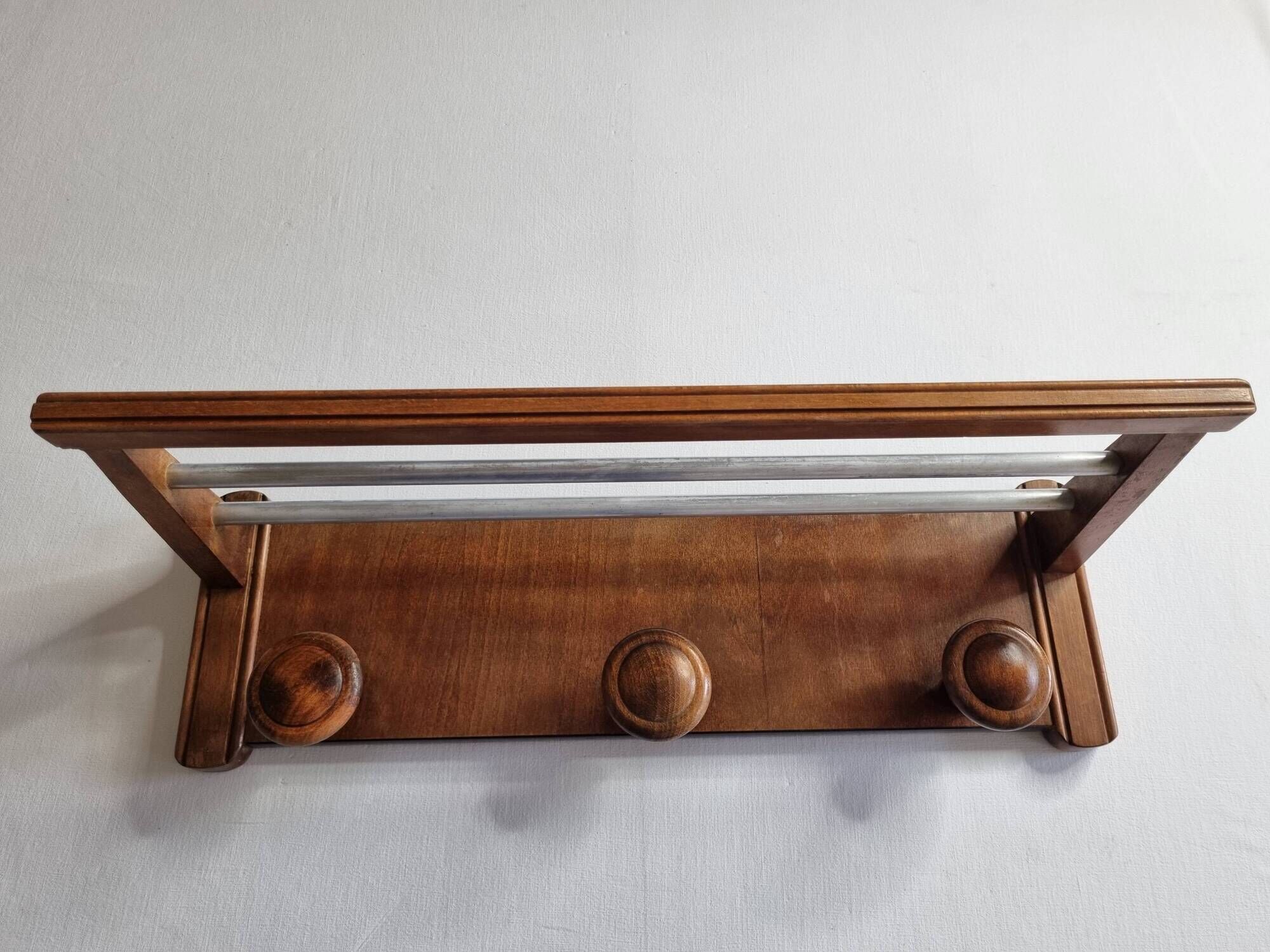 Vintage wall mounted coat rack in wood and metal, 3 hooks, retro style