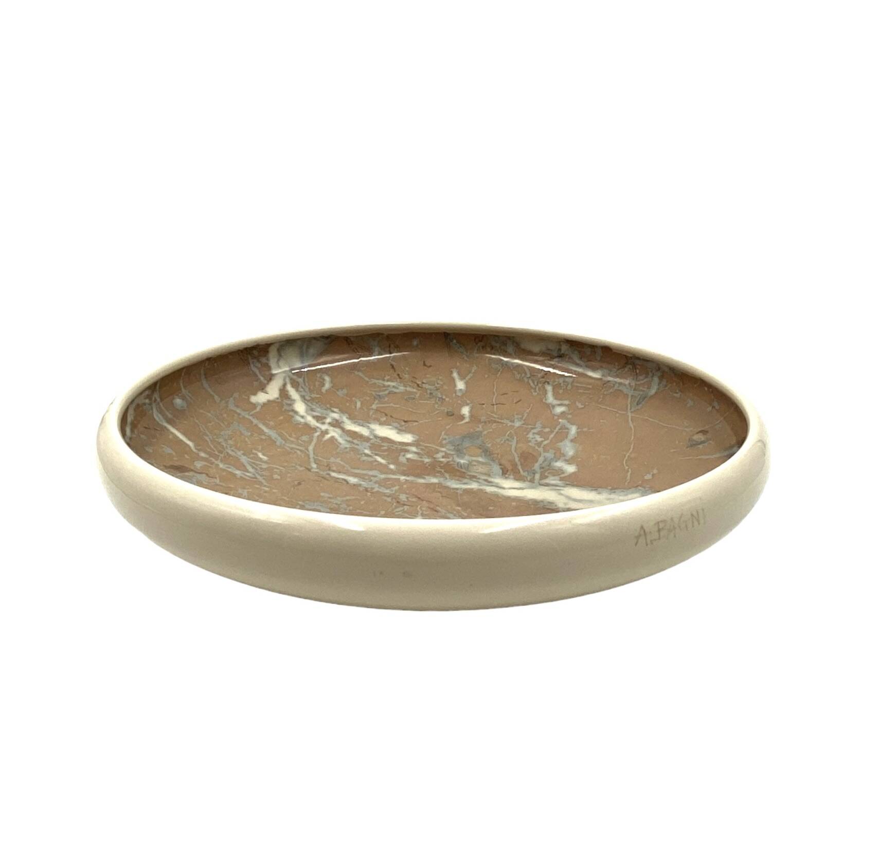 Alvino Bagni, white marbled ceramic centerpiece / vide poche, ca. 1970