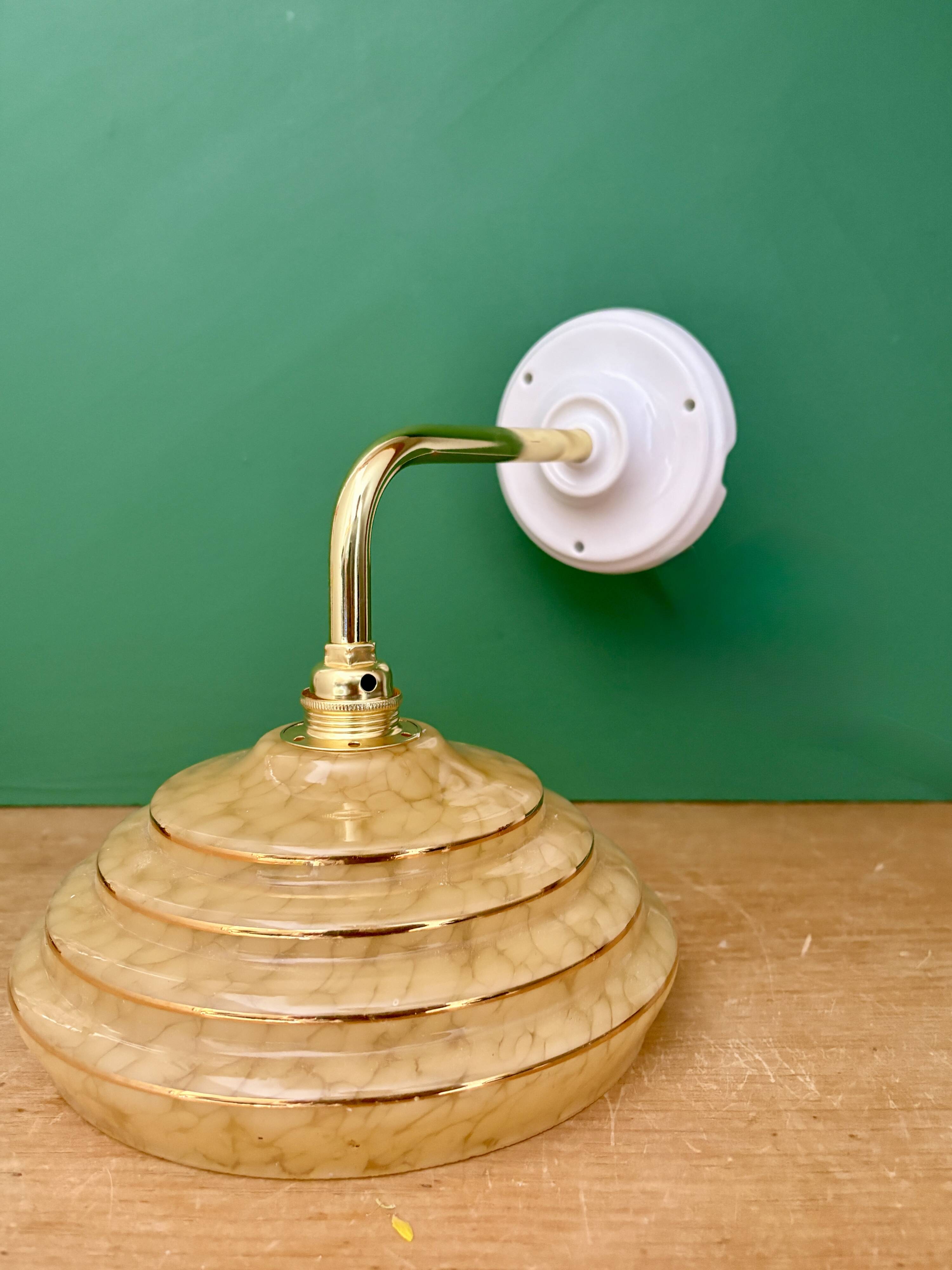 Vintage angled wall lamp with yellow and gold Clichy glass shade