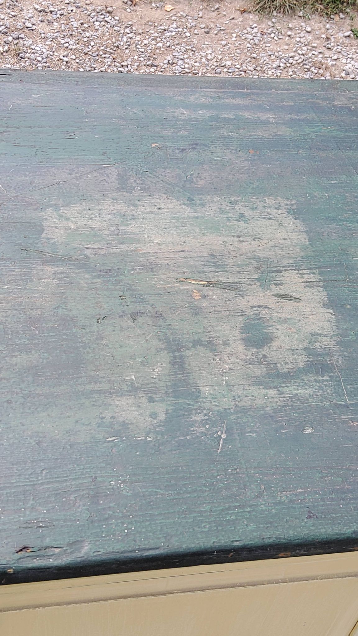 Late 19th century grocery counter in green and yellow patina painted wood