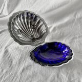 Vintage shell butter dish in stainless steel and cobalt blue glass