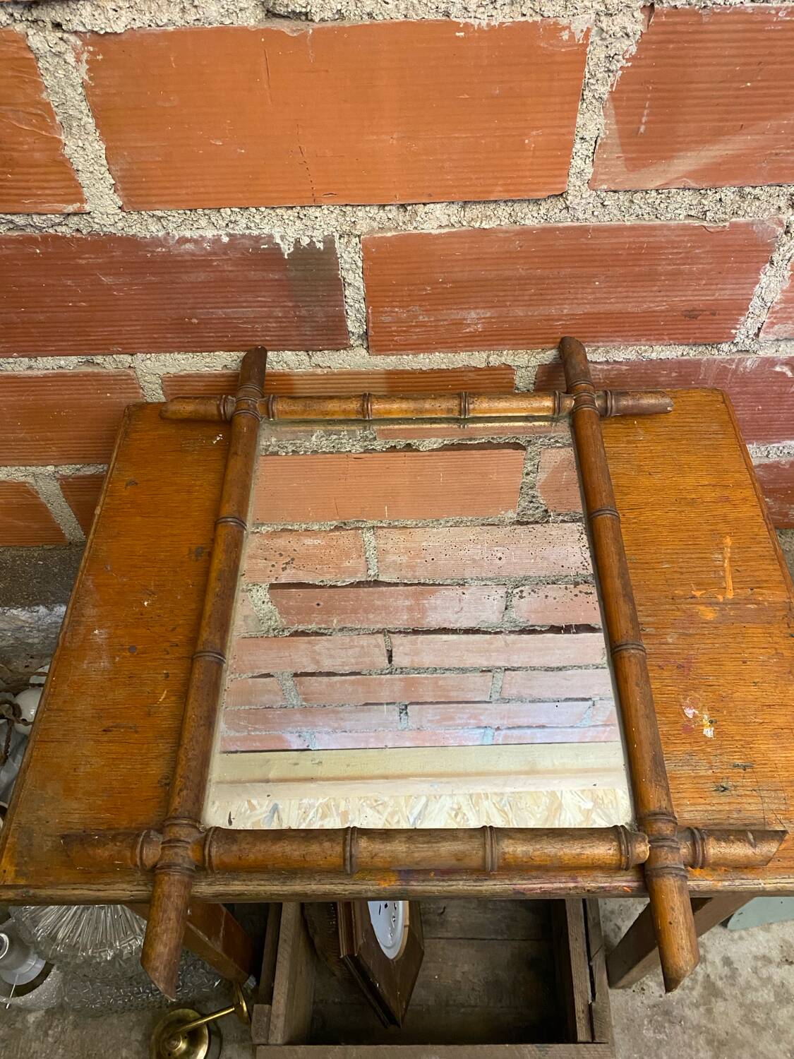 Antique mercury mirror with wooden frame and bamboo style vintage