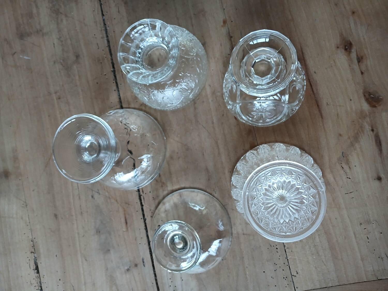 5 antique clear glass cups