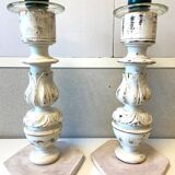 Pair of Large Candlesticks Candle Holders Turned Wood Carved Bleached